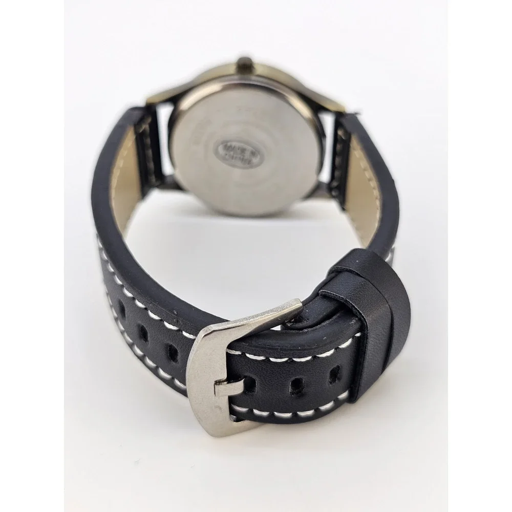 Men Analog Watch 38MM Bronze Dial New Faux Black Leather Bands New Battery READ